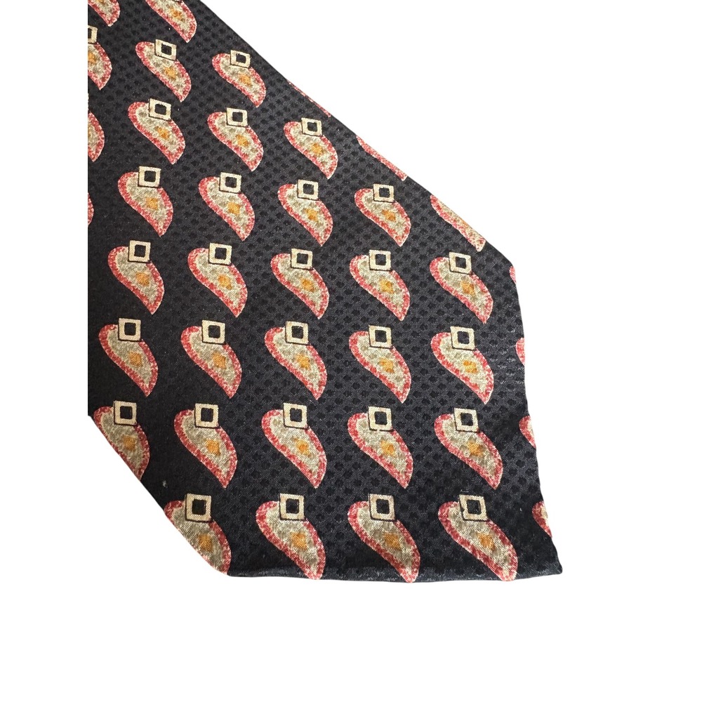 Emoda Italy Silk Tie Black Red Gold Geometric Paisley Mens Wide Neck Tie 56‎ x 4